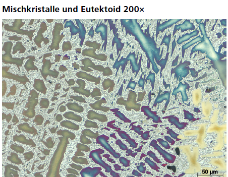 Abb. 4: Glockenbronze: Dendritische α-Mischkristalle in verschiedenen
Kristallorientierungen, in den Restfeldern α+δ-Eutektoid. Ätzung: Klemm 3. 50-fache/200-fache/500-facher Vergrößerung. (Objektive: EC Epiplan-NEOFLUAR 5×/0.13 DIC, EC Epiplan-NEOFLUAR 20×/0.50 HD DIC, EC Epiplan-NEOFLUAR 50×/0.80 HD DIC, Hellfeld)